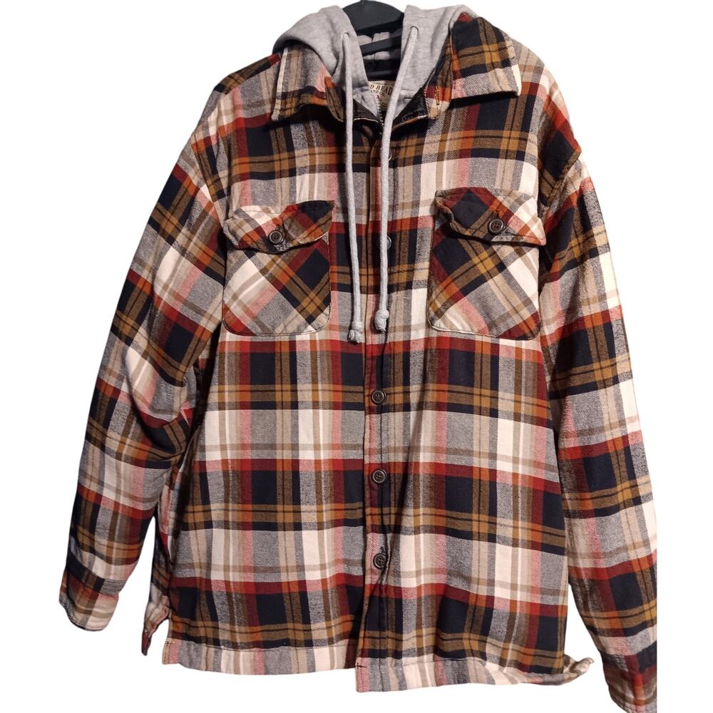 CABELAS Redhead Plaid Flannel Sweatshirt Lined Jacket Zip SHACKET Large w Hood